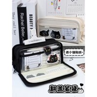 Hộp bút chì mèo sáng tạo phổ biến, phong cách Ins thẩm mỹ cao, hộp bút chì đơn giản, dung tích lớn cho nữ sinh trung học cơ sở, mẫu mới 2025, hộp văn phòng phẩm cho trẻ em, học sinh trung học cơ sở, mèo nhỏ trong suốt màu đen