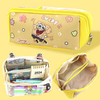 Hộp bút chì SpongeBob cho học sinh, túi lưu trữ văn phòng phẩm nhiều lớp, hình hoạt hình, dung tích lớn, hộp bút mở 2YCJ