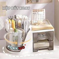 Hộp Bút Để Bàn Xoay 360 Độ, Ống Bút Để Bàn Kèm Ngăn Kéo 2 Tầng Để Bàn Học Tiện Dụng DARIA