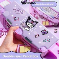 Hộp Bút JKDESIGN, Bút Chì Kuromi / Giai Điệu Hai Lớp, Hộp Bút Chì Cơ Chế Nhựa Tự Khóa Dung Tích Lớn Cho Bé Trai / Bé Gái