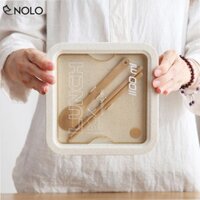 Hộp Cơm 2 Ngăn Hình Vuông Nắp Ron Chống Tràn Nhựa Lúa Mạch Dung Tích 1100ml Tặng Muỗng Đũa Dùng Được Lò Vi Sóng
