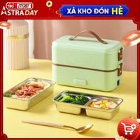 Hộp Cơm Cắm Điện 2 Tầng 3 ngăn Inox304, hộp hâm nóng thức ăn, hộp đựng cơm văn phòng   Xanh  - Tặng kèm túi giữ nhiệt cao cấp