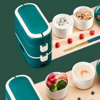 Hộp Cơm Cắm Điện 2 Tầng 4 Bát Sứ SONG ANH 3 Trong 1 Nấu Hấp Luộc Hâm Nóng Thức Ăn - Hàng Loại 1