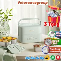Hộp cơm cắm điện FutureEvo-Bear 2 tầng 3 khay inox nấu cơm nấu thức ăn và hâm nóng Tặng túi xách đũa thìa