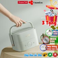 Hộp cơm cắm điện FutureEvo-Bear 2 tầng 3 khay inox nấu cơm nấu thức ăn và hâm nóng Tặng túi xách đũa thìa