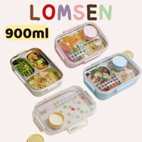 Hộp cơm giữ nhiệt 3 ngăn inox LOMSEN Hộp cơm 900ml hoạ tiết chấm bi