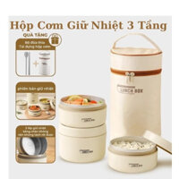 Hộp Cơm Giữ Nhiệt 3 Tầng Inox Văn Phòng, Hộp Đựng Cơm Cách Nhiệt Hâm Nóng Thức Ăn Tặng Kèm Túi Giữ Nhiệt Và Đũa Thìa