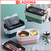 Hộp cơm giữ nhiệt đựng cơm văn phòng 2 Tầng INOX 304 - Kèm Chén Soup & Muỗng Đũa Nĩa LADONA HC1