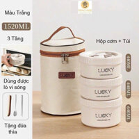 Hộp cơm giữ nhiệt trắng 3 tầng kèm thìa dĩa có túi đựng