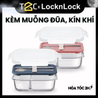 Hộp cơm thủy tinh LocknLock chia ngăn kèm muỗng đũa LLG991CL 930ml, Hàng chính hãng - T2C