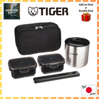Hộp cơm trưa cách nhiệt Tiger Thermos Bình cơm trưa bằng thép không gỉ chứa 2,3 cốc cơm, đi kèm với túi, màu đen