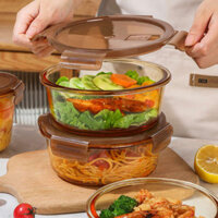 Hộp cơm trưa văn phòng hộp cơm trưa màu hổ phách tròn hộp cơm trưa lò vi sóng sưởi ấm bát đặc biệt dành cho nhân viên văn phòng với hộp cơm trưa thủy tinh giòn hộp cơm trưa