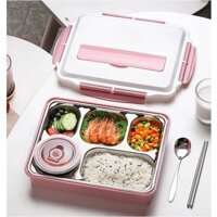 Hộp cơm văn phòng inox 5 ngăn giữ nhiệt nắp đậy chống tràn tặng kèm đũa thìa inox tiện ích, khay đựng cơm inox 304