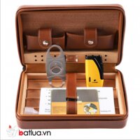 Hộp Da Giữ Ẩm Xì Gà Cohiba Lót Gỗ Tuyết Tùng Kèm Bật Lửa Và Dao Cắt Màu Nâu CJ-T104 - Cohiba Cigar Moisturizing Leather Box with Cedar Lining With Lighters And Brown Knife CJ-T104
