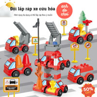 Hộp Đồ  Lắp Ghép Xe Công Trình Máy Xúc, Máy Cẩu, Xe Tải, Xe Cứu Hỏa 63 Chi Tiết Kèm Hộp Có Bánh Xe
