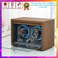 Hộp Đồng Hồ Cơ Tự Xoay 2 Ngăn Vỏ Gỗ Sần Nắp Kính Có Đèn LED - Hộp Quay Lên Cót Đồng Hồ Cao Cấp - Bảo Hành 02 Năm