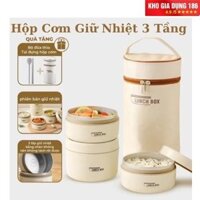 Hộp đựnġ cơm văn phòng, hộp mang cơm giữ nhiệt 3 tầng Lucky chất liệu inox 304 giữ nhiệt 3 lớp tặng kèm túi bộ đũa thìa