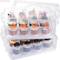 Hộp đựng bánh Cupcake ECHOTECH, Hình chữ nhật có nắp và tay cầm Hộp đựng bánh Cupcake, Hộp đựng bánh Cupcake 2 tầng di động 24 lưới trong suốt