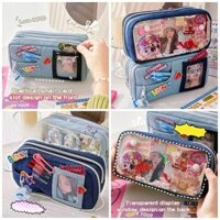 Hộp đựng bút chì Denim dung tích lớn Hộp bút chì lưu trữ nhiều lớp Diy dành cho học sinh