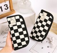 Hộp đựng bút cỡ to kẻ caro ô to đen trắng TB03, túi canvas vải bố ngăn to đựng nhiều đồ tiện lợi