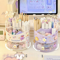 Hộp Đựng Bút Để Bàn Xoay Tròn 4 Ngăn Kèm Sticker KT 13,5x12,8cm