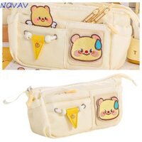 Hộp đựng bút gấu bơ NOVAVIBE, Túi đựng bút gấu bơ dung tích lớn, có nhãn dán thêu DIY Túi đựng bút chì có khóa kéo gấu bơ di động Quà tặng học sinh