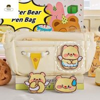 Hộp đựng bút hình gấu bơ STYLESTUDIO, Hộp đựng bút gấu bơ bỏ túi, với nhãn dán thêu DIY Sáng tạo Hộp bút chì hoạt hình dung tích lớn Đồ dùng văn phòng