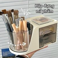 Hộp đựng bút, hộp bút để bàn xoay 360 độ kèm ngăn kéo, hộp đựng mỹ phẩm 2 tầng