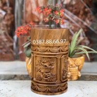 Hộp đựng chè lọ đựng trà trạm khắc tứ quý cây cao 20cm chất liệu gỗ bách xanh cực đẹp