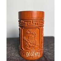 Hộp đựng chè tròn nguyên khối tứ quý bốn mùa gỗ đường kính 12cm cao 20cm