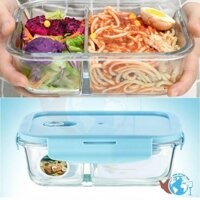 Hộp đựng cơm 2 ngăn chữ nhật - hộp thủy tinh 1 lít đựng thực phẩm BX1001 - Hộp chịu nhiệt cao dùng được lò viba
