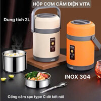 Hộp Đựng Cơm Cắm Điện VITA [Kèm Thìa ]- Cặp Lồng Cơm Giữ Nhiệt Văn Phòng Thông Minh Inox 304 Nắp Có Gioăng Chống Tràn 2L
