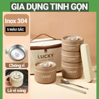Hộp Đựng Cơm Giữ Nhiệt Lucky - Dung tích 1L - 2L Tặng kèm túi và Hộp dụng cụ ăn - Inox 304 cao cấp