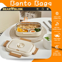 Hộp đựng cơm mang văn phòng giữ nhiệt, Hộp cơm 3 ngăn Inox 304 họa tiết Bear Blink tặng kèm muỗng đũa HC06