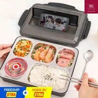 Hộp Đựng Cơm Văn Phòng Khay Inox 5 Ngăn Có Bát Để Canh Tặng Thìa Đũa, Có Giá Đỡ Điện Thoại Tiện Lợi