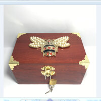 Hộp đựng con dấu - hộp trang sức đính con ong gắn ngọc size 19cm bằng gỗ hương - kèm khóa mini