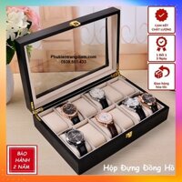 Hộp Đựng Đồng Hồ Bằng Gỗ - 12 Ngăn - Vỏ Gỗ Sơn Mài Màu Đen - Nội Thất Lót Nhung - Có Nắp Kính Chống Bụi - KT 32x22x9cm