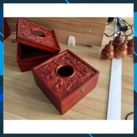 HỘP ĐỰNG GIẤY ĂN VUÔNG CỠ LỚN BẰNG GỖ HƯƠNG CHẠM RỒNG NỔI SIÊU ĐẸP