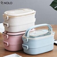 Hộp Đựng Giữ Nhiệt 2 Tầng Kèm Đũa Muỗng Nĩa Chất Liệu Nhựa PP Lúa Mạch Có Thể Dùng Cho Lò Vi Sóng