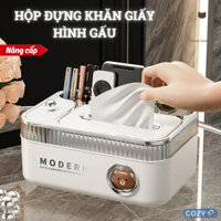 Hộp Đựng Khăn Giấy Hình Gấu 3 Ngăn Đa Năng, Thiết Kế Sang Trọng, Để Bàn Tiện Lợi, Chất Liệu Cao Cấp