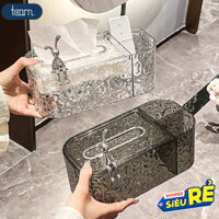Hộp đựng khăn giấy vân kim cương trong suốt tích hợp khay đựng đồ đa năng charm thỏ sang trọng
