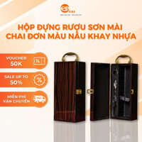 Hộp Đựng Rượu Sơn Mài Chai Đơn Màu Nâu Phối Caro Đen Mặt Lõm Khay Nhựa Thẳng Dễ Cầm Nắm