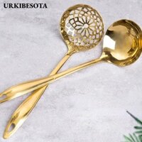 Hộp đựng súp URKIBESOTA, Bàn tay cầm dài Phụ kiện nhà bếp Muỗng Skimmer, Dụng cụ nấu ăn Lẩu Thìa vàng bằng thép không gỉ