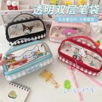 Hộp đựng văn phòng phẩm cầm tay trong suốt hai lớp lớn Hello Kitty, hộp đựng bút chì hoạt hình