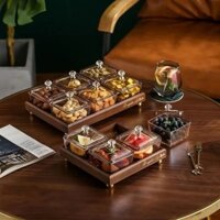 Hộp gỗ kèm hũ thuỷ tinh đựng bánh kẹo tết/ Khay gỗ đựng bánh kẹo mứt tết phong cách Châu Âu