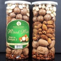 Hộp hạt mix 6 loại hạt còn vỏ: macca, óc chó, hạt thông, hồ đào, hạnh nhân bơ, dẻ cười.Mixed nust dinh dưỡng cho bà bầu