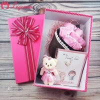 Hộp hoa sáp 7 bông màu hồng, 1 gấu, tặng thiệp giấy H5H