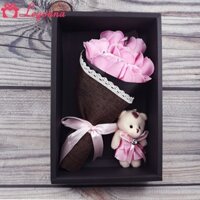Hộp hoa sáp 7 bông màu hồng, 1 gấu, tặng túi giấy H4H