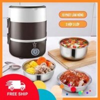 Hộp Mang Cơm Văn Phòng, Cặp Lồng Hâm Nóng Thức Ăn Cắm Điện 3 Tầng Inox Lunchbox, Bảo Hành 12 Tháng