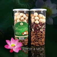 Hộp mixed 3 loại hạt tách nhân: macca, óc chó đỏ, hạnh nhân.  Mix nuts đã tách vỏ. Hạt dinh dưỡng bóc vỏ tốt cho mẹ baau